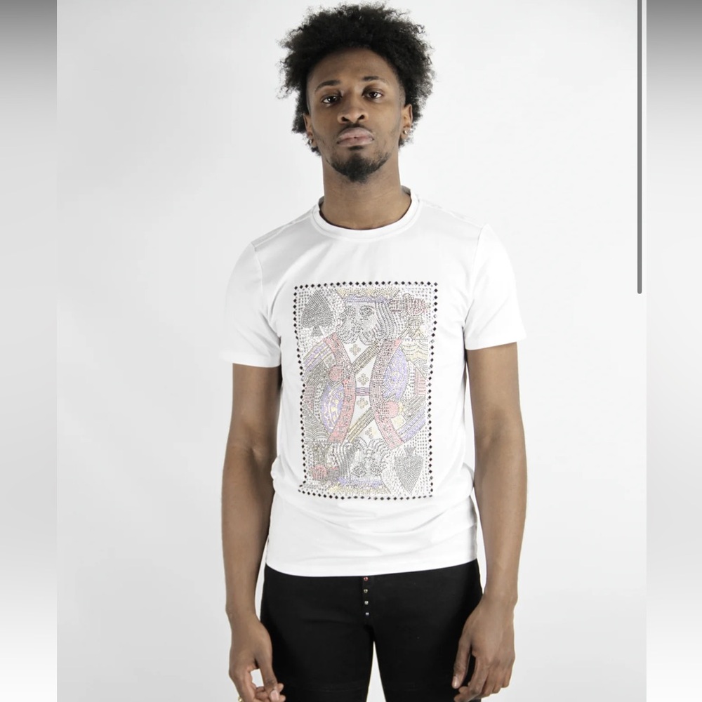 RARE UBUNTU King of Spades Multi-Color Crystal Rhinestone T-Shirt White SZ Small